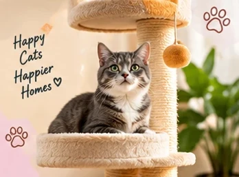 A tabby cat sitting on a cat tree. Happy cats, happier homes.