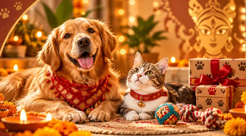 A golden retriever in a red festive bandana and a tabby cat lie among marigolds, diyas and gift boxes.