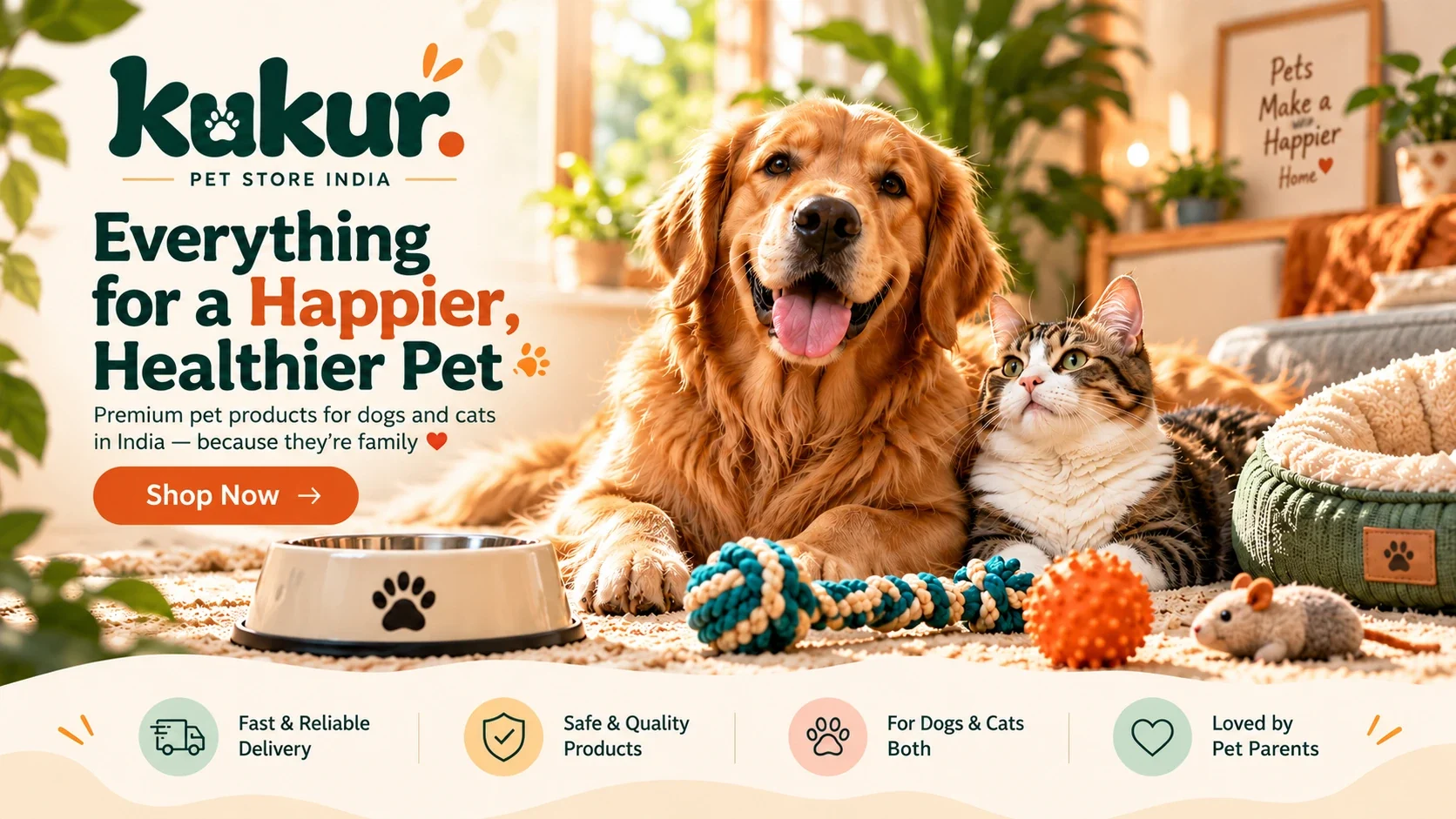 Kukur, pet store India. A golden retriever and a tabby cat lie on a rug with a rope toy, a ball, a pet bowl and a plush mouse beside a pet bed. Everything for a happier pet. Shop now.